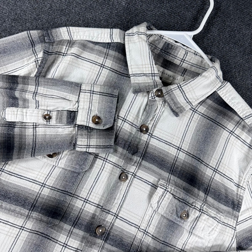 Aeropostale Flannel Shirt Mens L Large Grey Plaid Long Sleeve Button Down Cotton
